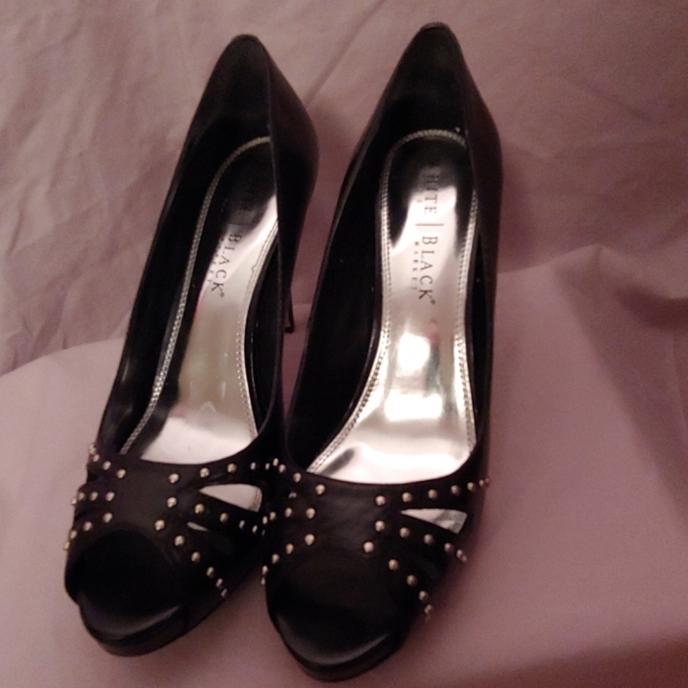 Black Studded Peep-toe Stiletto Leather Pump